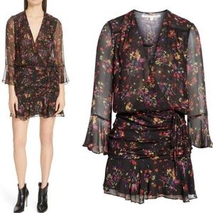 Veronica Beard Black Floral Bell Sleeve Sean Floral
Ruched Silk Dress Sz M/6